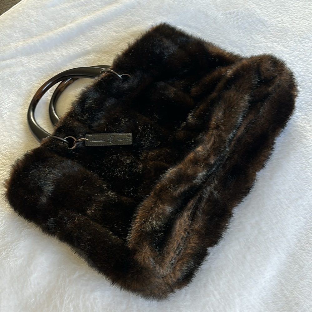 Vintage Faux Fur Handbag Wooden Handle Satchel purse Black / Brown - Picture 4 of 8